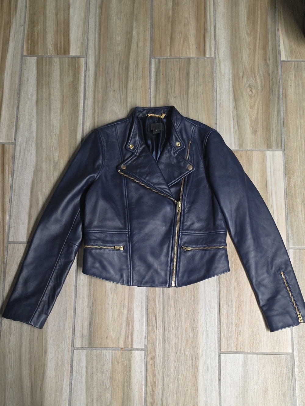 J.Crew Classic Women’s Navy Leather Moto Jacket With Gold Hardware.